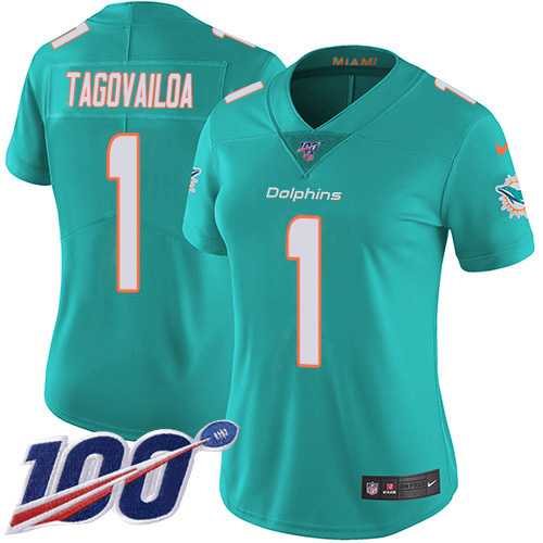Nike Miami Dolphins 1 Tua Tagovailoa Aqua Green Team Color Women Stitched NFL 100th Season Vapor Untouchable Limited Jersey